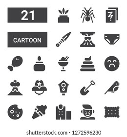 cartoon icon set. Collection of 21 filled cartoon icons included Cookie, Father, Police station, Ice cream, Bird, Shovel, Aviary, Cowboy hat, Volcano, Sad, Poo, Ink, Chicken leg