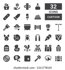 cartoon icon set. Collection of 32 filled cartoon icons included Dinamite, Lasso, Shovel, Patch, Thinking, Carrot, Popcorn, Family, Robot, Rooster, Ducky, Warrior, Dog, Ice cream