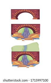 Cartoon icon set of dark red stones bridge. Walkway across the river. Landscape element for city park. Flat stock vector design isolated on white background for web design and ets.