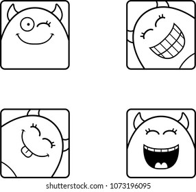 A cartoon icon set of a devil with happy expressions.