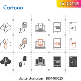cartoon icon set. included learn, student-tablet, information, enter, click icons on white background. linear, bicolor, filled styles.