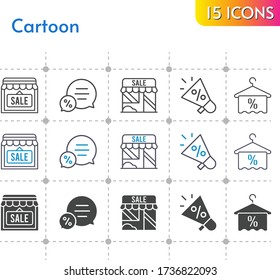 cartoon icon set. included megaphone, shop, towel, chat icons on white background. linear, bicolor, filled styles.