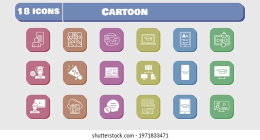 cartoon icon set. included megaphone, study, shop, test, homework, student, student-desktop, student-smartphone, cloud icons on white background. linear, filled styles.