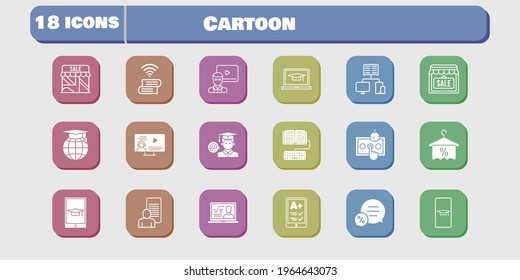 cartoon icon set. included study, shop, test, student, homework, book, student-smartphone, professor, ereader, teacher icons on white background. linear, filled styles.