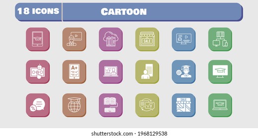 cartoon icon set. included study, shop, test, student, homework, student-desktop, cloud, ereader, professor, student-laptop, teacher icons on white background. linear, filled styles.