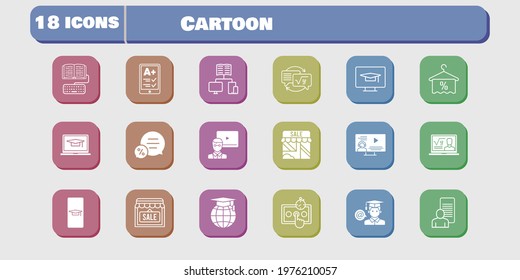 cartoon icon set. included study, shop, test, student, homework, student-desktop, student-smartphone, professor, ereader icons on white background. linear, filled styles.