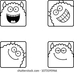 A cartoon icon set of a monster with happy expressions.