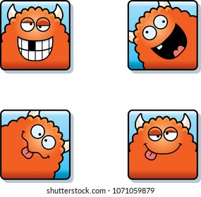A cartoon icon set of a monster with silly expressions.