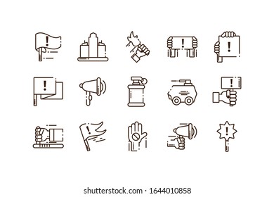 Cartoon-Symbol-Satz von Protestkonzepten auf weißem Hintergrund, Linienstil, Vektorillustration-Illustration-Design