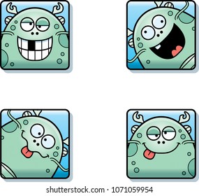 A cartoon icon set of a sea monster with silly expressions.