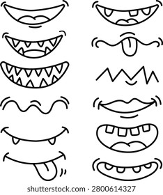 Cartoon icon set showing professional monster mouth expressions with spooky vampire fangs sharp teeth tongue out smiles spooky halloween creature faces and funny smile line graphics