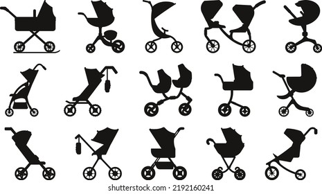 Cartoon icon set stroller newborn Vector Silhouettes