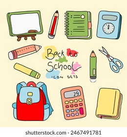 cartoon icon sets of back to school supplies isolated on yellow background