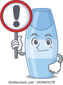 A cartoon icon of shampoo with a exclamation sign board. Vector illustration