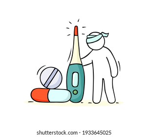 Cartoon icon - sick man with thermometer. Cartoon illustration - Man with medical equipment and pills. Vector medicine concept.