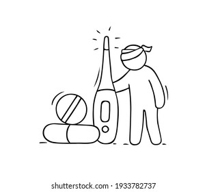 Cartoon icon - sick man with thermometer. Cartoon illustration - Man with medical equipment and pills. Vector medicine concept.