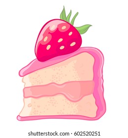 Cartoon icon of a slice of strawberry sponge cake with jam and berry sauce. Vector illustration isolated on white. T-shirt printing.