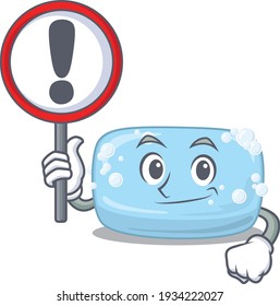 A cartoon icon of soap with a exclamation sign board. Vector illustration
