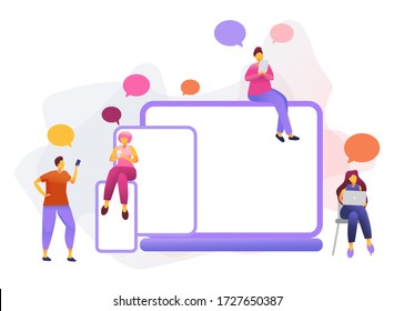 Cartoon icon with social media communication characters. that chat in phone, tablet, notebook with text babble. Flat 3D vector isolated metaphor illustration for site, app or wed page.