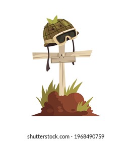 Cartoon icon of soldier grave and military helmet on wooden cross vector illustration