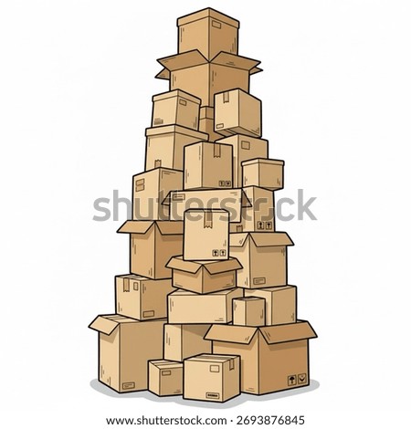 Cartoon icon of a stack of parcels or cardboard boxes of various shapes stacked high on top of each other. Cardboard shipping boxes.