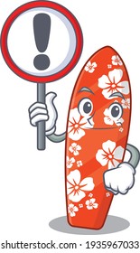 A cartoon icon of surfboard with a exclamation sign board. Vector illustration