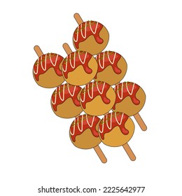 Cartoon icon with takoyaki. Osaka, Japan. Vector illustration of popular Japanese fast food with octopus. Takoyaki on a skewer with Japanese mayonnaise, sauce, octopus and greens.