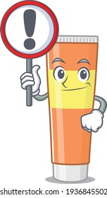 A cartoon icon of toothpaste with a exclamation sign board. Vector illustration