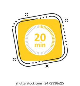 Icono de сcandado de dibujos animados Ilustración vectorial. Signo del temporizador 20 min sobre fondo cuadrado amarillo aislado. Concepto de signo de cuenta atrás.