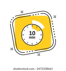 Cartoon сlock icon vector illustration. Timer sign 10 min on isolated yellow square background. Countdown sign concept.