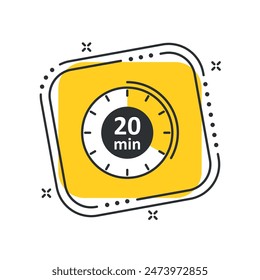 Cartoon сlock icon vector illustration. Timer sign 20 min on isolated yellow square background. Countdown sign concept.