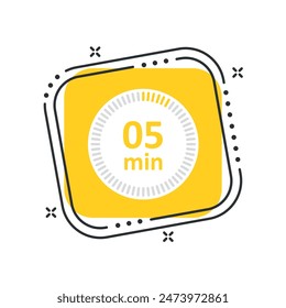 Cartoon сlock icon vector illustration. Timer sign 5 min on isolated yellow square background. Countdown sign concept.