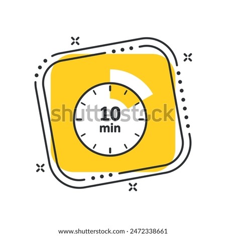 Cartoon сlock icon vector illustration. Timer sign 10 min on isolated yellow square background. Countdown sign concept.
