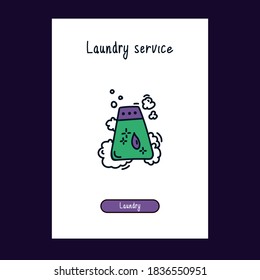 Cartoon icon of washing powder for the Laundry room. Icon for the Laundry room in the style of Doodle hand-drawn in color. Sample product card with Laundry room product. Doodle for Laundry room color