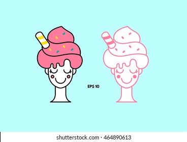 A cartoon icon of woman with soft pink ice cream melting on the top of her head with cream wafer stick and sprinkle toppings.