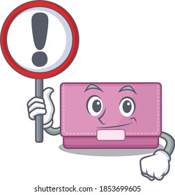 A cartoon icon of womens wallet with a exclamation sign board