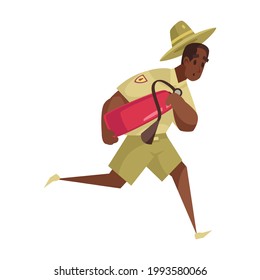 Cartoon icon of worried male forest ranger running with fire extinguisher vector illustration