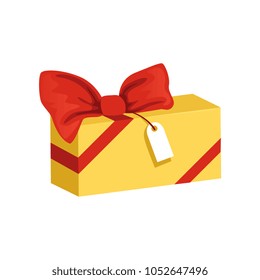 Cartoon icon of yellow rectangular gift box with big red bow and tag. Present for holiday. Happy Birthday theme. Flat vector element for party invitation or postcard