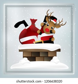 Cartoon Icon,Christmas with Santa and deer in chimney 2.