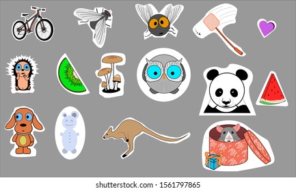 Cartoon icons of animals and insects. Stickers Set