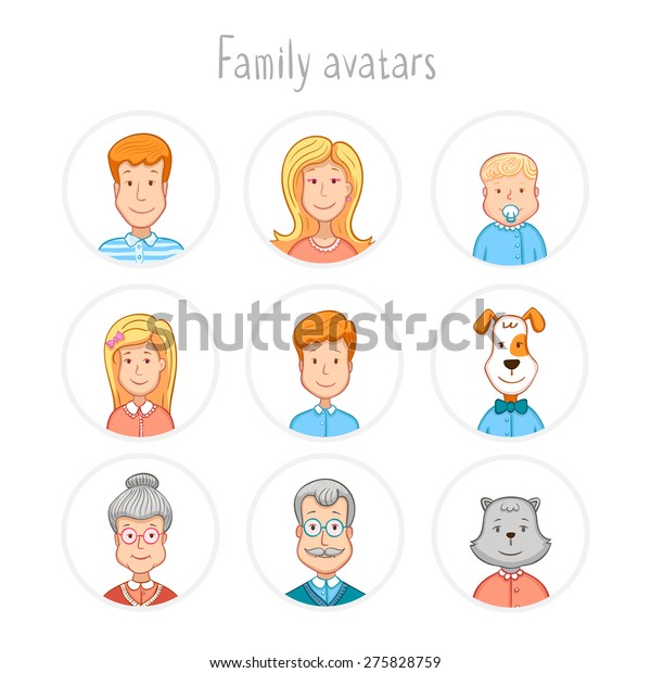 Cartoon icons collection of family members avatars: mom, dad, son