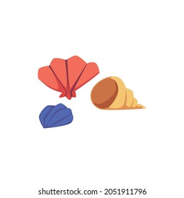 Cartoon icons of colorful simple seashells, flat vector illustration isolated on white background. Shells of sea mollusks symbols for marine and vacation topic.