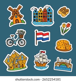 Cartoon icons of Dutch culture: windmill, cheese and tulips, boat, bike, flag and more, vector style