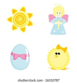 Cartoon icons for Easter design. Set 3 (sun, angel, egg, chicken). Vector illustration.