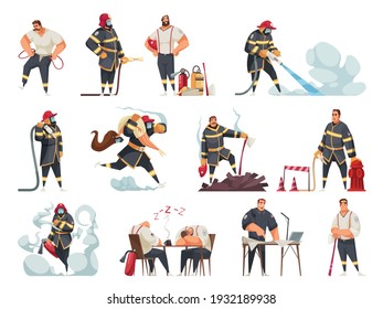 Cartoon icons of firefighters in uniform in different situations isolated on white background vector illustration
