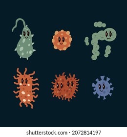 Cartoon icons for medicine Crown Stop. A set of viruses and bacteria for children's medical posters. Icons of microbes under the microscope. Vector illustration