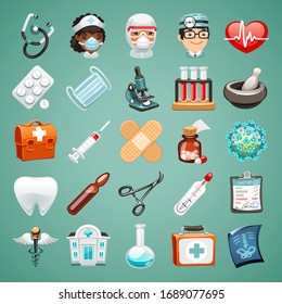 Cartoon icons on a medical theme. Avatars of characters of doctors and nurse. Objects for treatment, tablets, test tubes, first aid kit, syringe, vaccine, mask and other accessories. Realistic style. 