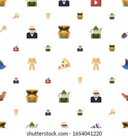 Zeichentricksymbolmuster nahtlos. Einschließlich bearbeitbaren flachen Schatz, Pizza, Video-Marketing, Sicherheit, Schlafanzug, Bogenschützen, Haifischflossen, Spielzeugsymbole. Cartoon Icons für Web und Mobile.