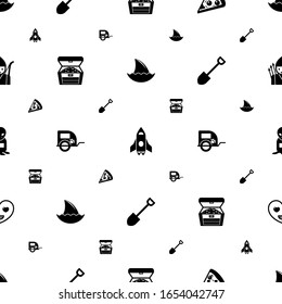 cartoon icons pattern seamless. Included editable filled shark fin, spaceship, Pizza, treasure, pet trailer, Shovel, alien, happiness icons. cartoon icons for web and mobile.