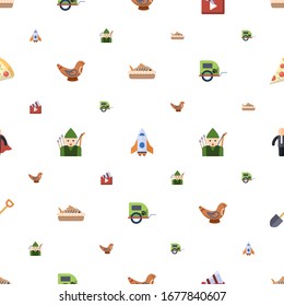 Zeichentricksymbolmuster nahtlos. Einschließlich bearbeitbarer Plattfisch, Raumschiff, Videomarketing, Spielzeugherstellung, Bogenoffsetmaschine, Heimtieranhänger, Business-Helden-Icons. Cartoon Icons für Web und Mobile.